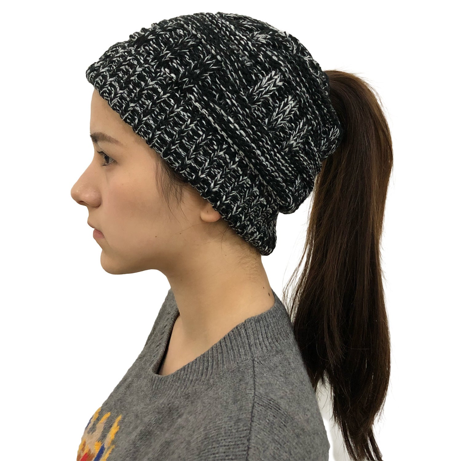 Soft Adjustable Wool Knit Ponytail Winter Hat for Women