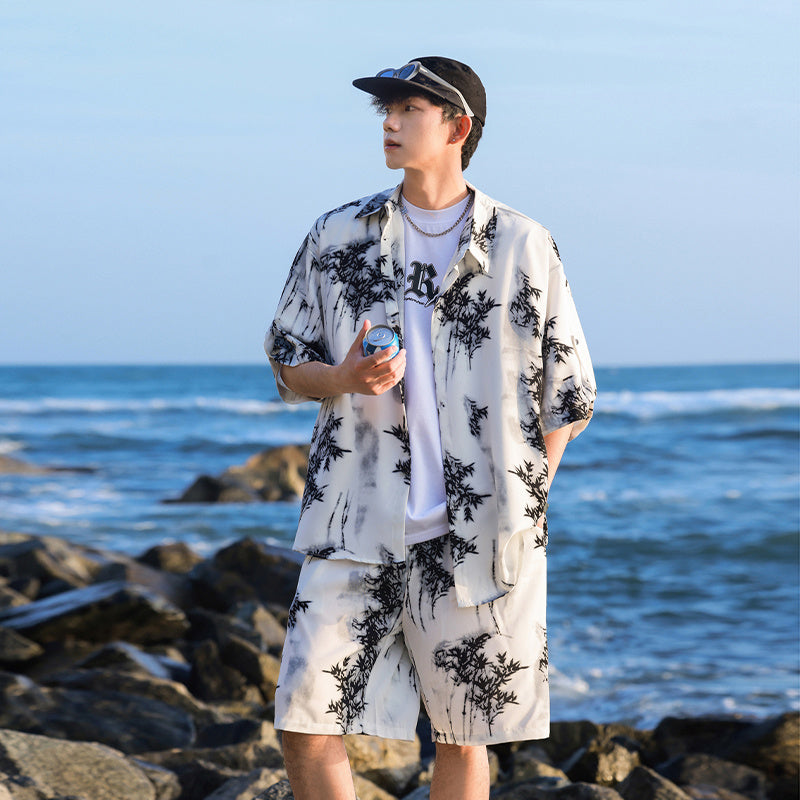 Ice Silk Tie-dye Sports Suit Men's Short-sleeve Shirt Beach Shorts Two-piece Set