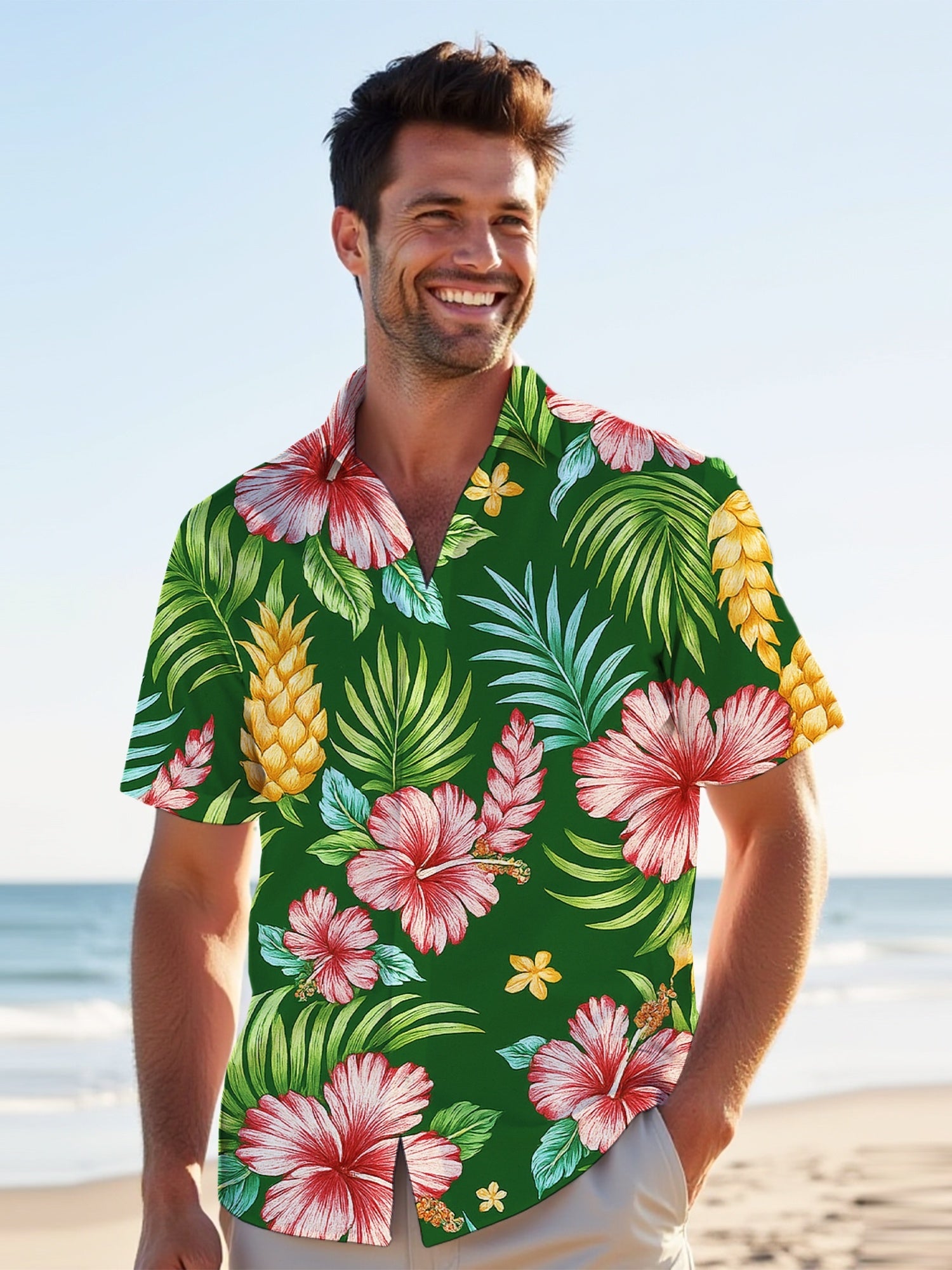 Lapel Printed Sleeve Button Men's Shirt