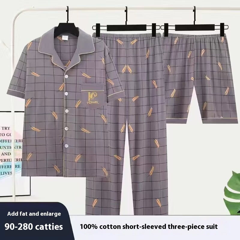 Three-piece Pajamas Men's Summer Pure Cotton Short Sleeve Trousers Suit