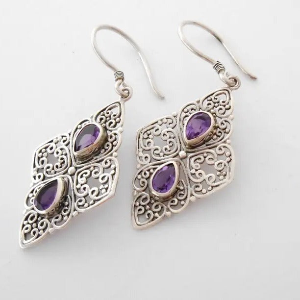 Womens Hollow Silver Plated Earrings With Purple Zircon