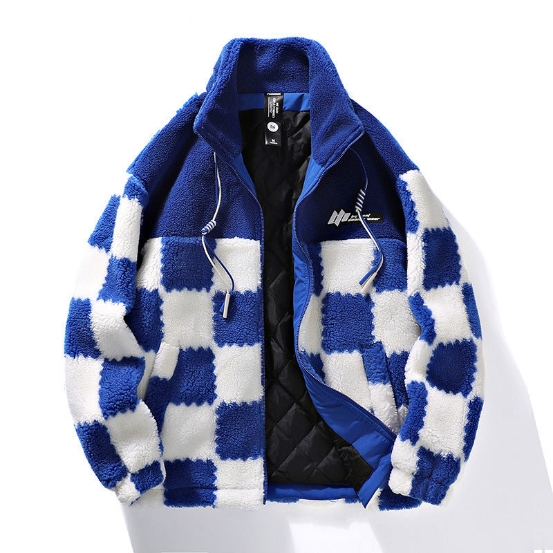 Plaid Lamb Wool Coat Unisex Relaxed Fit Chenille Winter