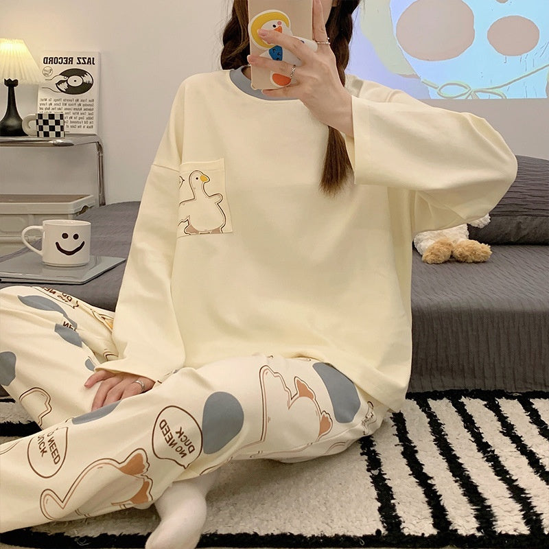 Cartoon Loose And Cute Long-sleeved Pajamas For Women Spring Autumn Set Casual Homewear Outerwear