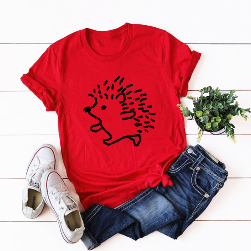 Women's  COTTON Hedgehog Round Neck Short Sleeve T-shirt Women