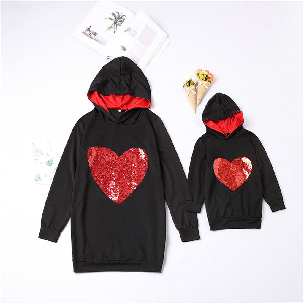 Sequined Heart-shaped Hooded Parent-child Women's Sweater