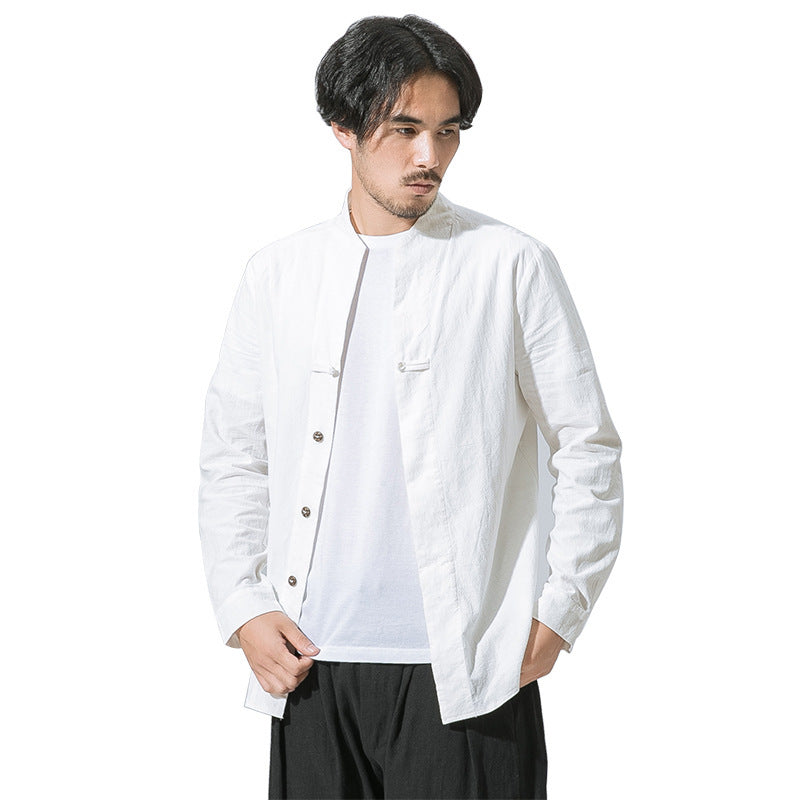 Cotton Linen Men Disc Button Long Sleeved Shirt