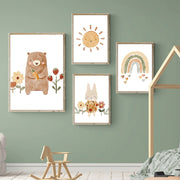Bohemian Nursery Wall Art – Cartoon Bear, Rabbit, Alpaca, Rainbow & Sun Canvas Painting