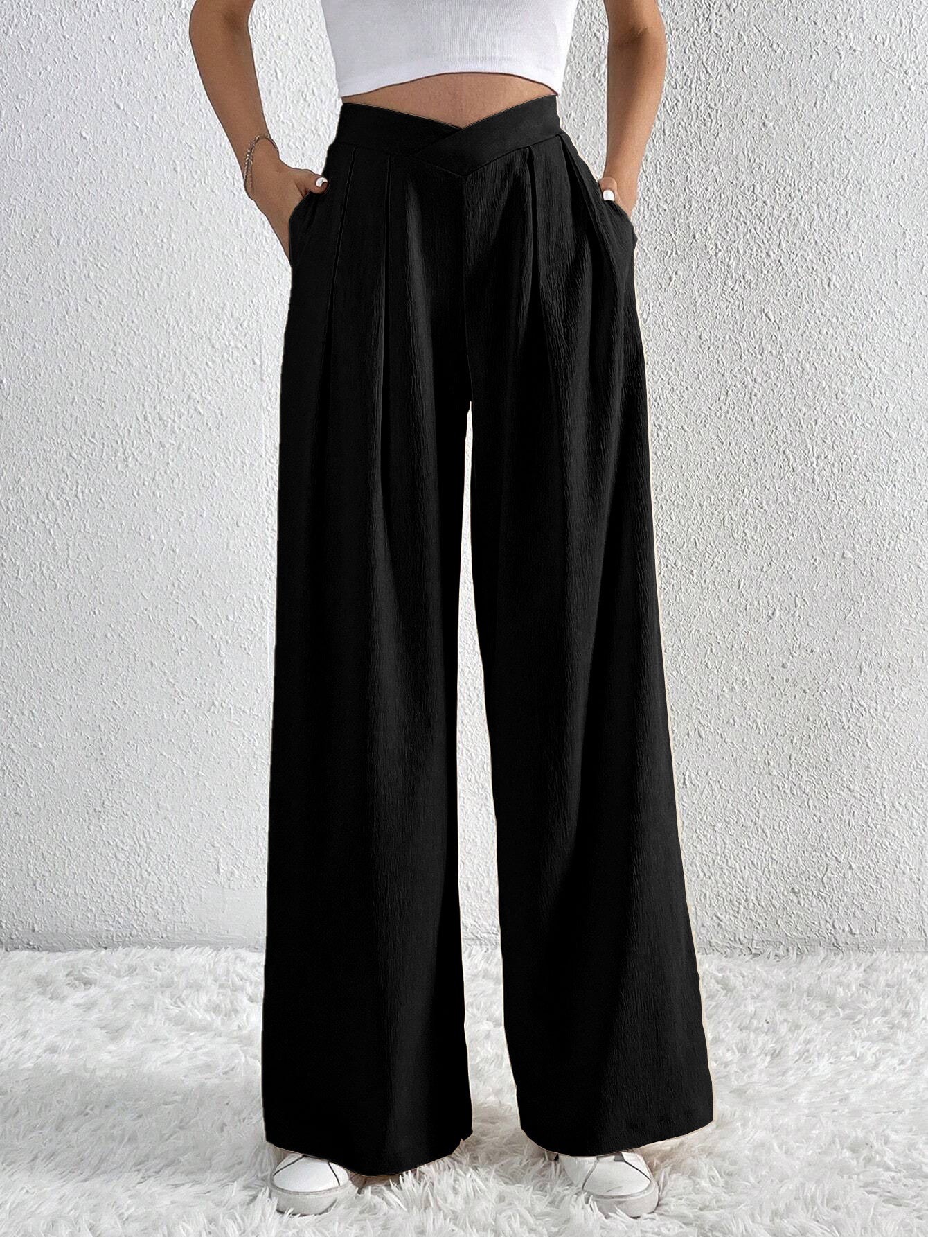 Women’s Pleated Wide-Leg Pants – Solid Color High-Waist Loose Casual Commuting Trousers