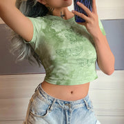 Sexy Tie-dye Butterfly Print Slim Round Neck Short T-shirt Top Women