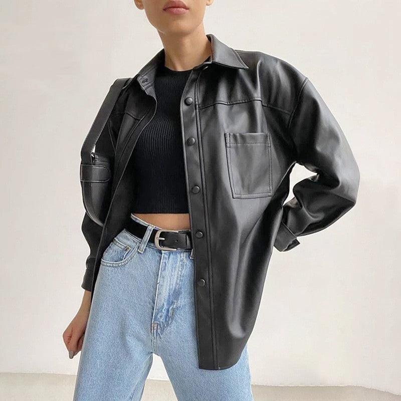 Women's PU Leather Motorcycle Jacket Loose Fit Solid Style