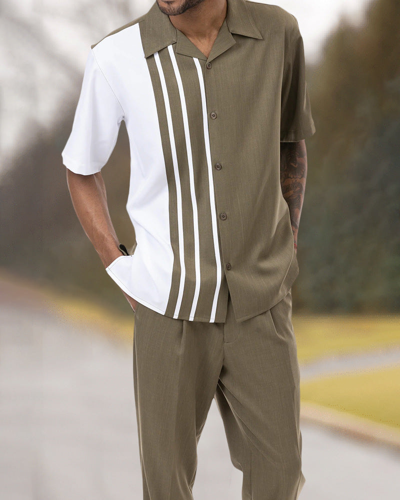 Plus Size Men's Short Sleeve Lapel Shirt Casual Pants Set