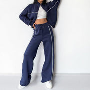 Unisex Striped Polyester Mock Neck Hoodie Suit With Trousers