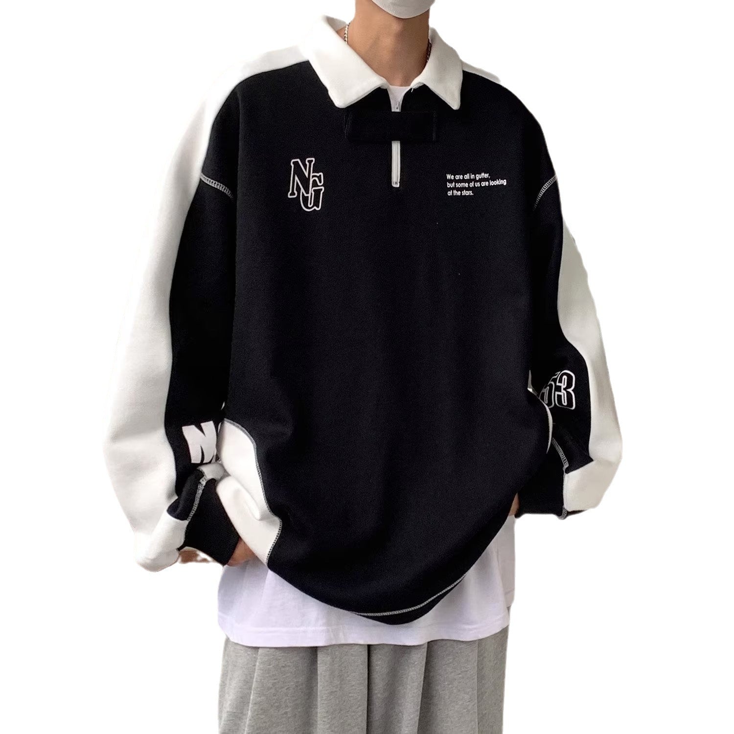Off-the-shoulder Lapel Polo Shirt Couple Coat American Pre-school Style Sweater For Men