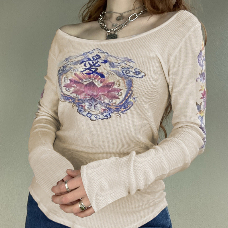 Heart Print Round Neck Low Cut Long Sleeve T-shirt Women