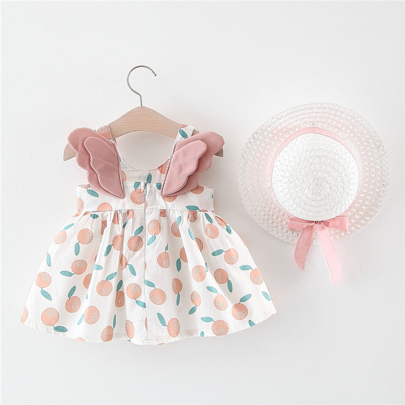 Summer New Girl's Big Dot Wings Princess Dress Hat Beach Dress
