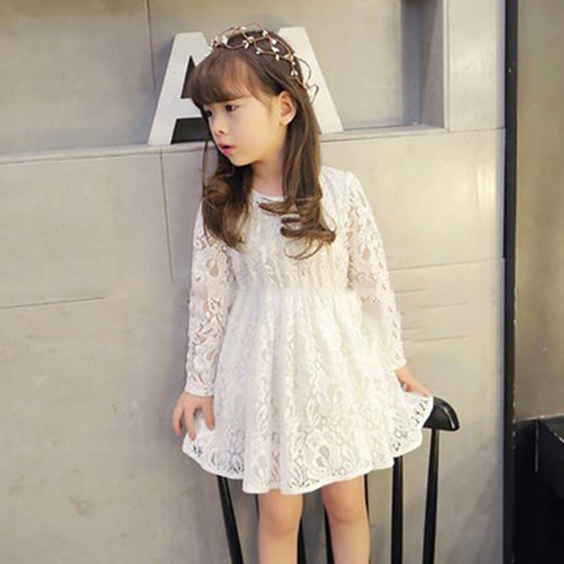 Girls Korean Long Sleeve Lace Round Neck Dress Princess Dress