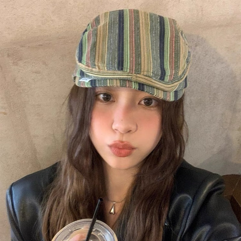 Japanese-style Retro Beret Women's All-matching Striped Plaid Makes Face Look Smaller