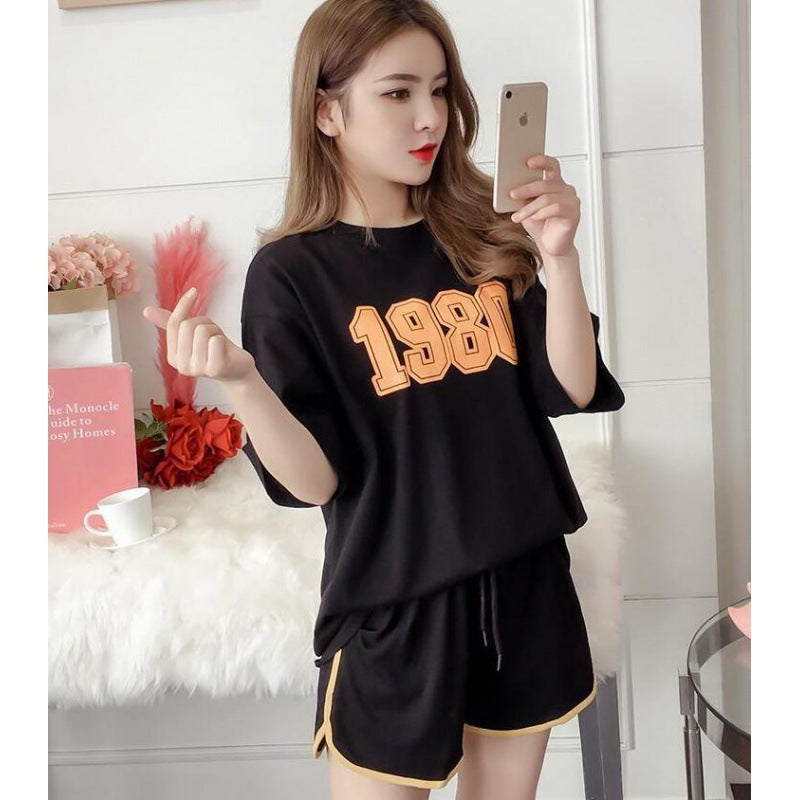 Summer Casual Sports Suit Women's Fashion Short-sleeved Wide-leg Pants Two-piece Set