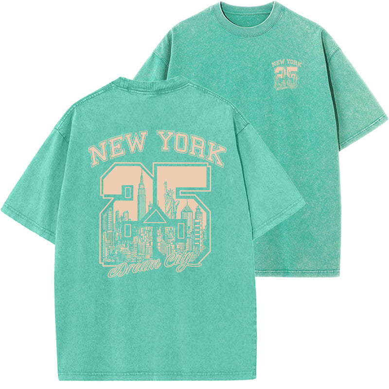 Unisex Relaxed Washed Vintage Print Short Sleeve Cotton Tee