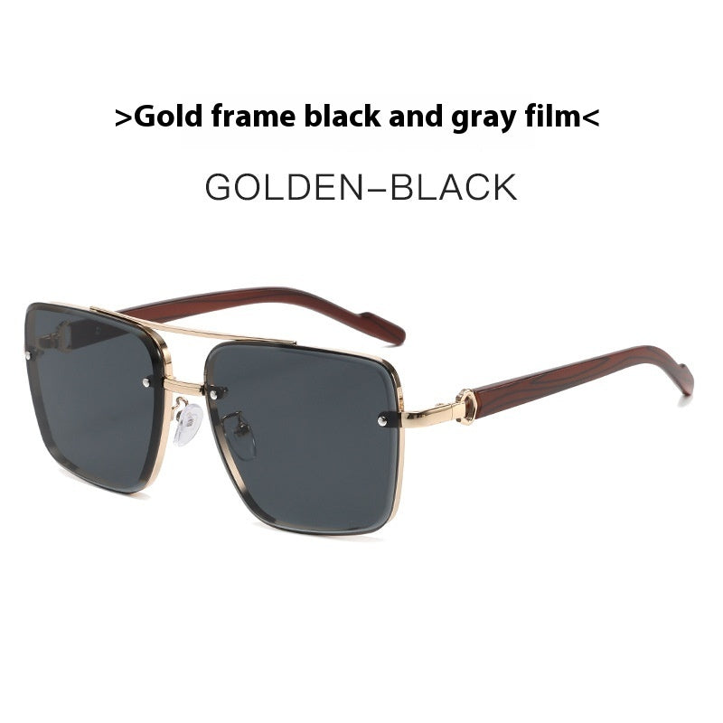 Metal Double Beam Frame Wood Grain Sunglasses