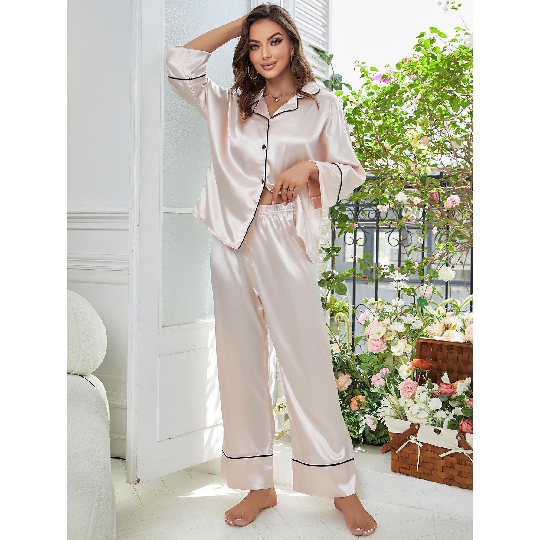 Womens Imitation Silk Pajama Set Button Up Shirt And Pants