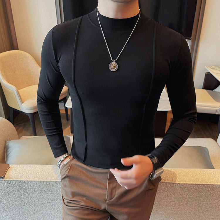 Solid Color Line Long Sleeve T-shirt Men's Round Neck T-shirt Bottoming Shirt