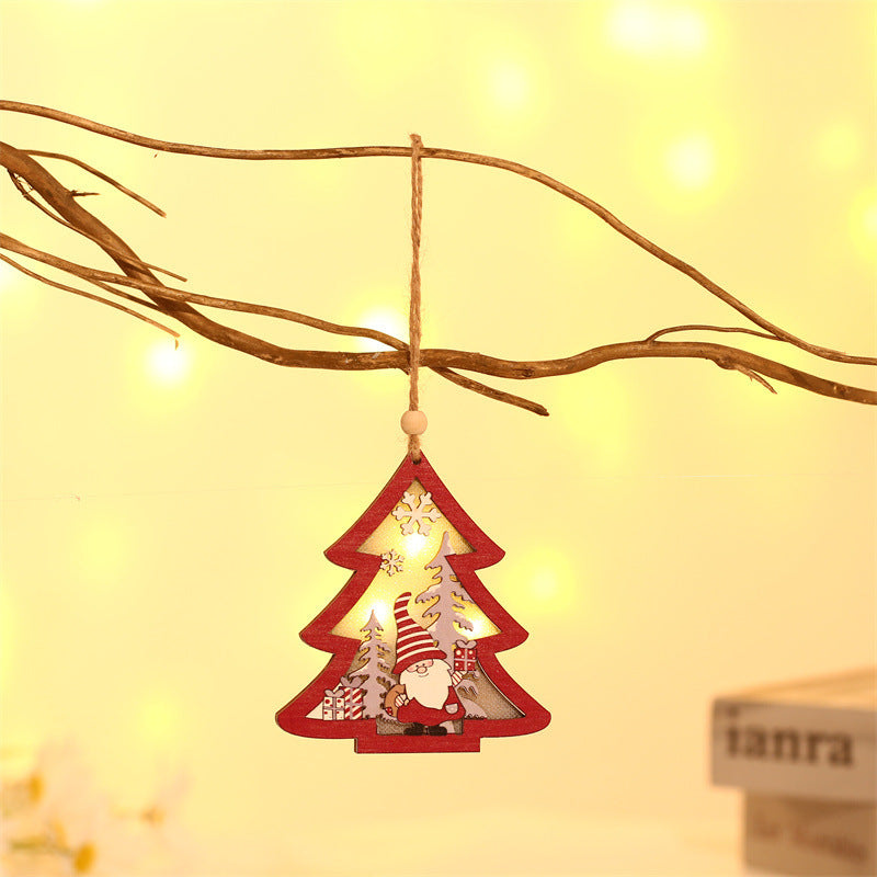 Wooden Luminous Pendant Christmas Tree Ornaments Round Five-pointed Star Pendant