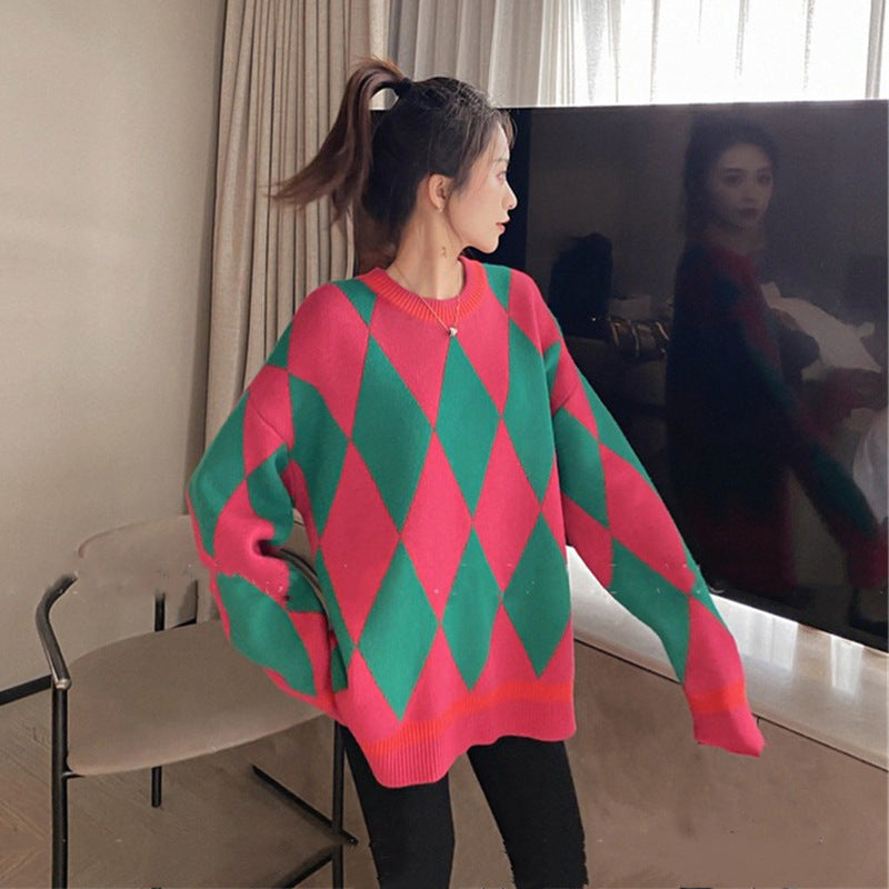 Retro Diamond-shaped Contrast Color Pullover Women