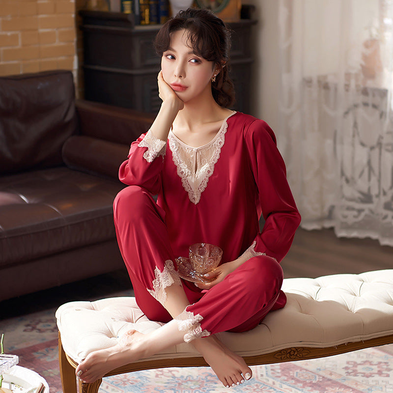 Faux Silk Long Sleeve Two Piece Pullover Lace Loungewear