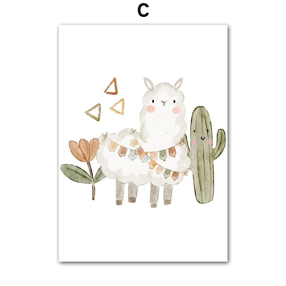 Bohemian Nursery Wall Art – Cartoon Bear, Rabbit, Alpaca, Rainbow & Sun Canvas Painting