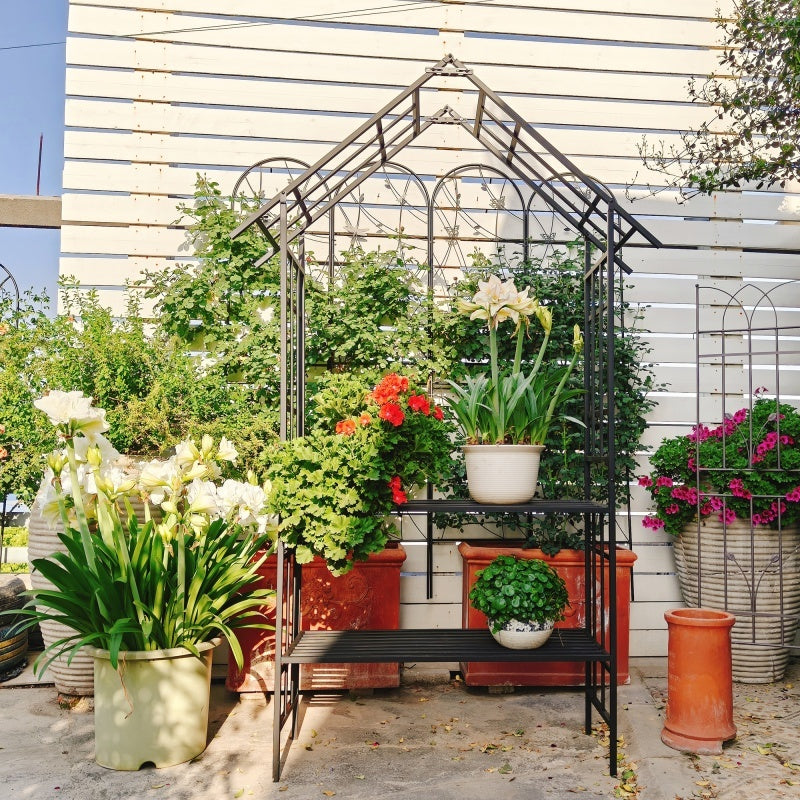 Metal Garden Arch with Convertible Benches – Outdoor Rose Arch with Climbing Plant Support, Black