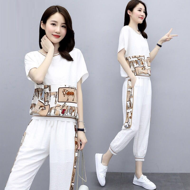 Women’s Plus Size Fashion Sports Two-Piece Set – Short Sleeve Top and Pants