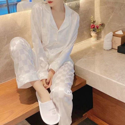 Women's Fashion Jacquard Plaid Ice Silk Home Wear Suit