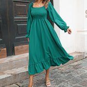Flared Sleeve Casual Ruffled Square Collar Elastic Waist Large Swing Spring Dress
