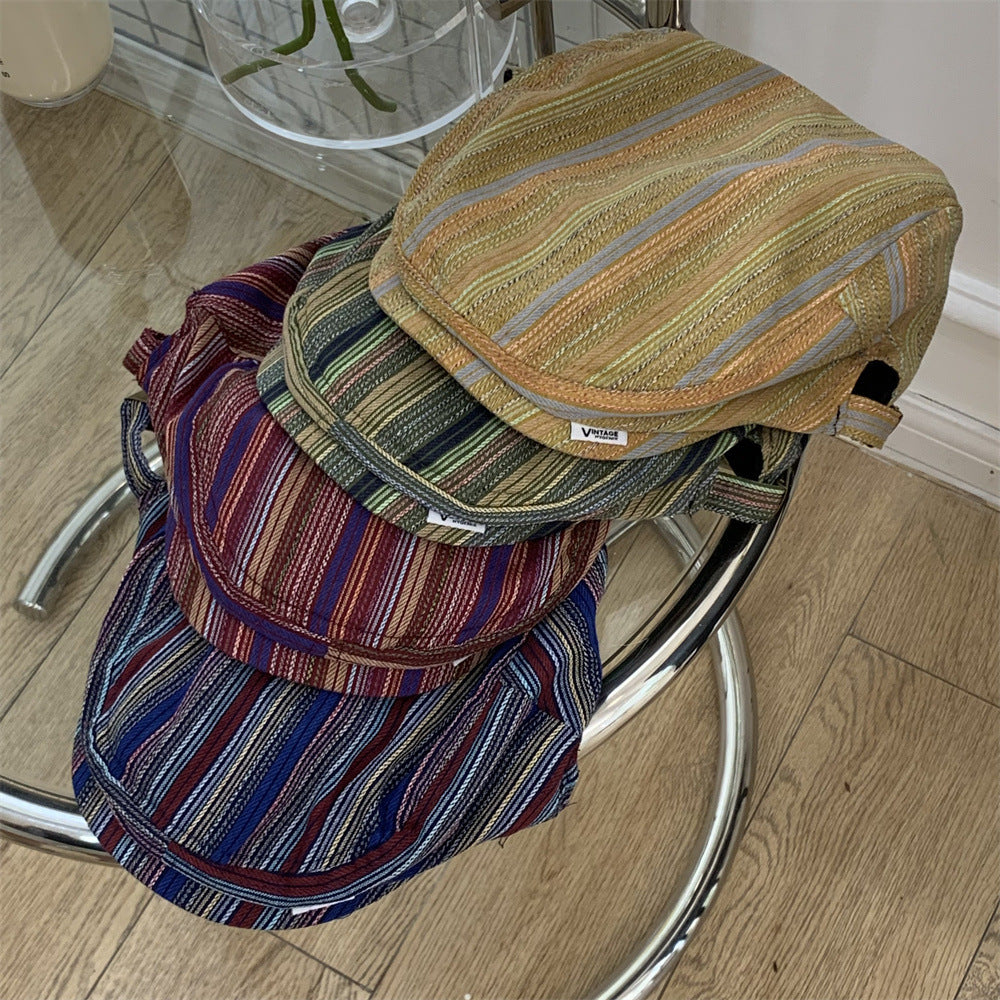 Japanese-style Retro Beret Women's All-matching Striped Plaid Makes Face Look Smaller