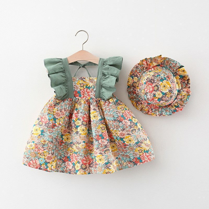 Summer Baby Girl Flower Dress Hat Suit