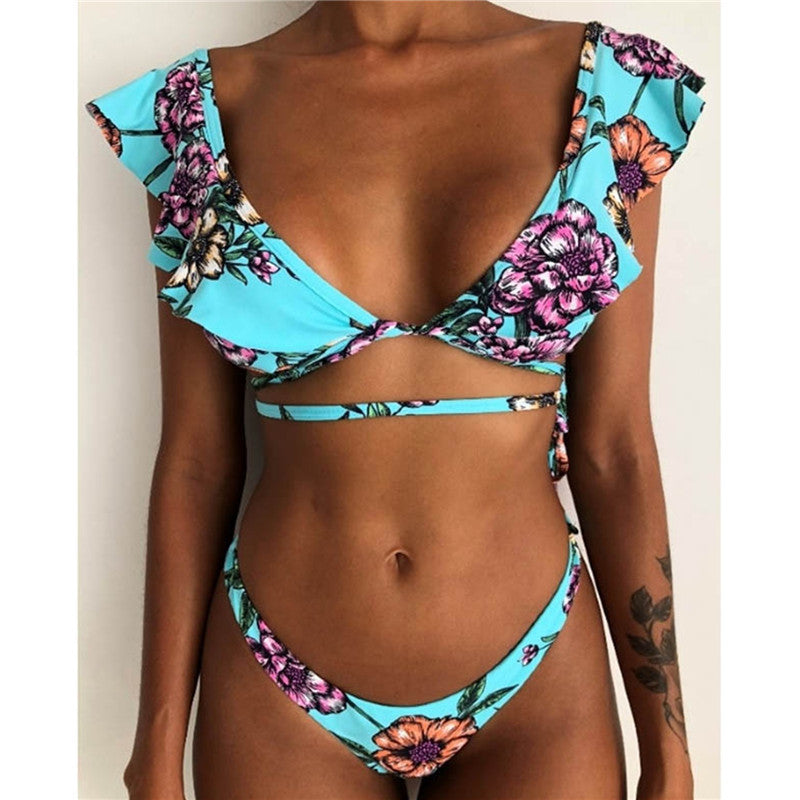 Yellow Floral High Elasticity Two-Piece Bikini Set – Backless Retro Swimwear