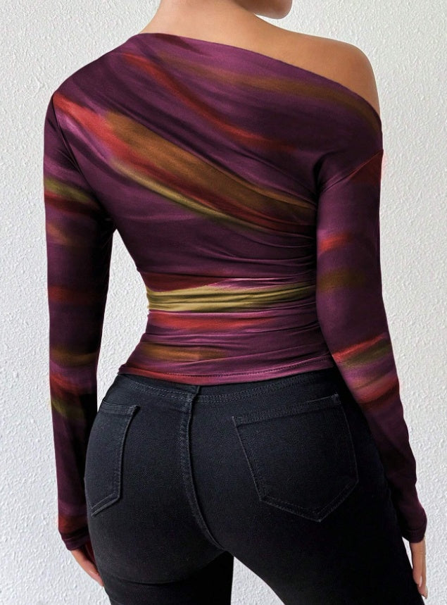Womens Apricot Tie Dye Print Long Sleeve Crop Knit Tee Slim