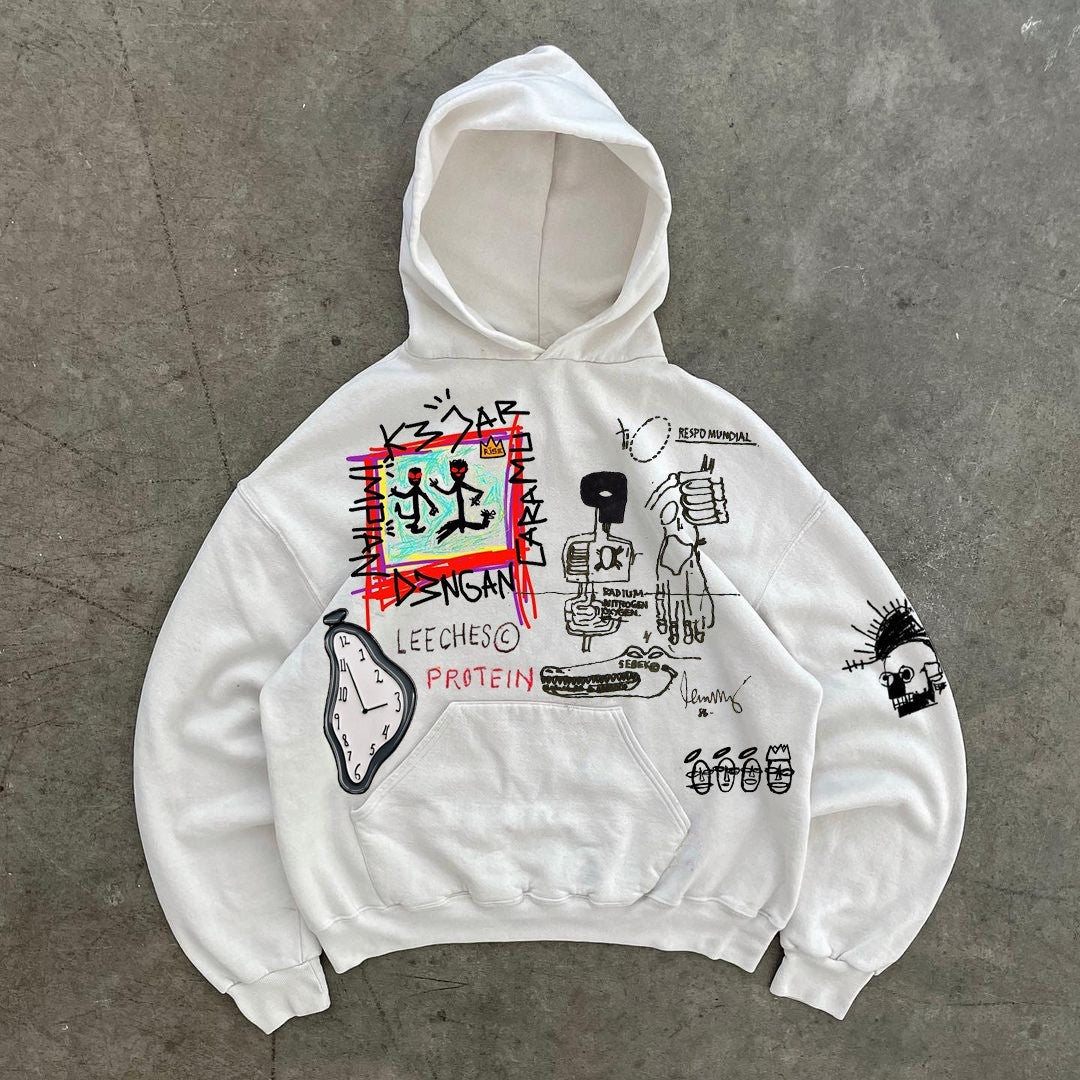 Cartoon Line Draft Graffiti Retro Preppy Style Heavy Hoodie For Men And Women