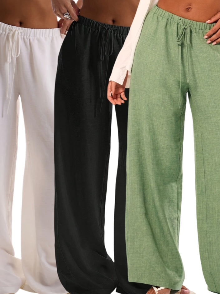 Women’s Casual Loose Straight Leg Pants – High Waist Drawstring Trousers, 3-Pack