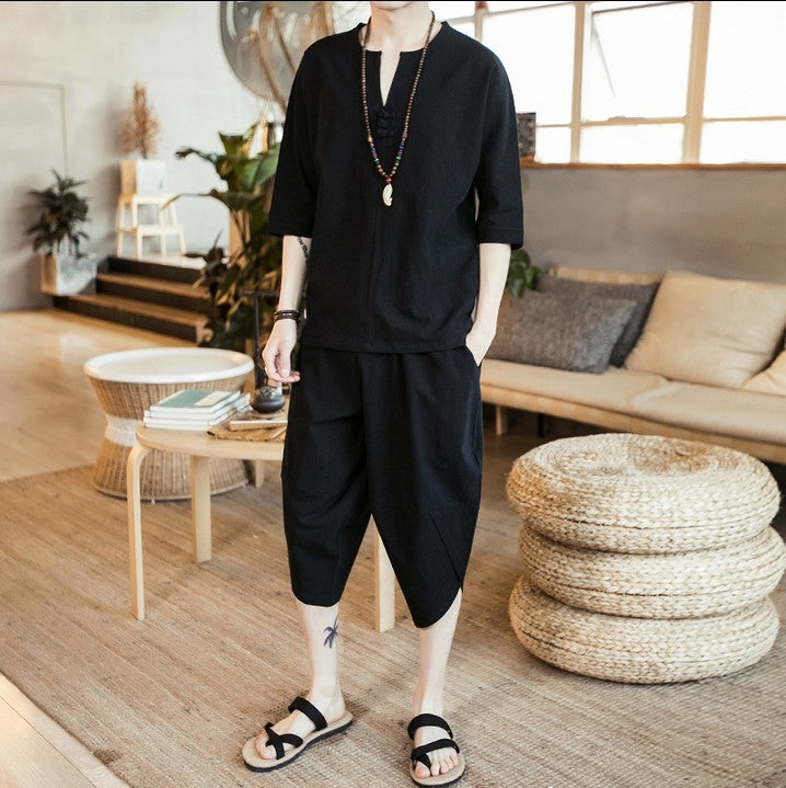 Loose Disc Button V-neck Short-sleeved Bloomers Suit