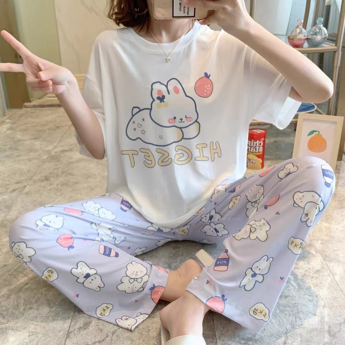 Female Summer Short Sleeve Trousers Casual Homewear Suit