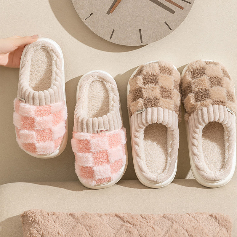 Women’s Plaid Plush Slippers – Indoor Warm Non-Slip Thick Sole Home Shoes Autumn Winter