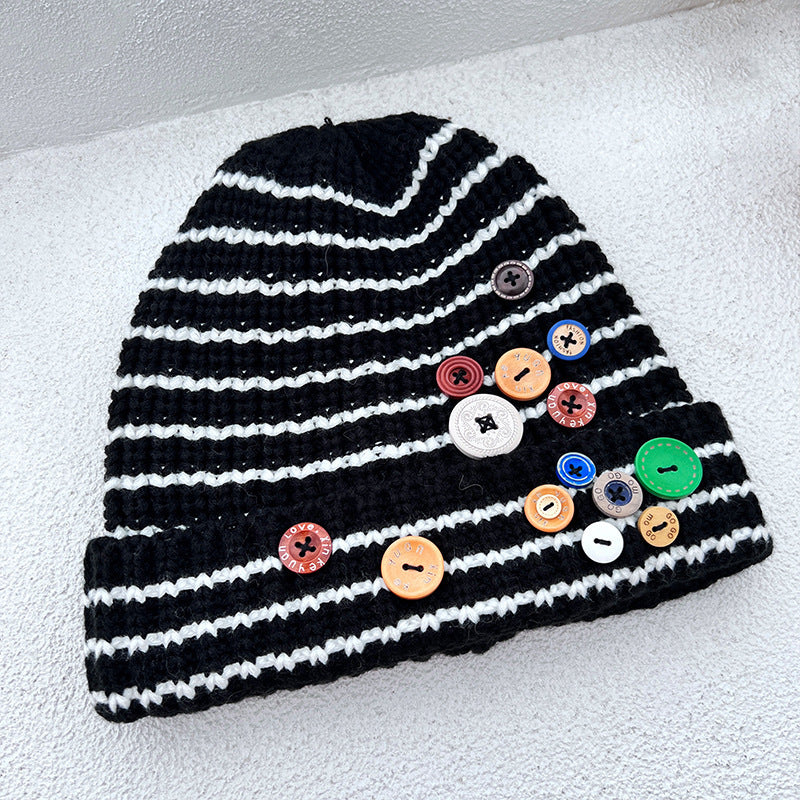 Autumn & Winter Buttons Knitted Hat – Warm Ear Protection, All-Match Cute Pile Heap Cap
