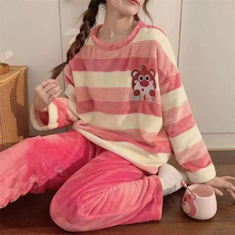 Womens Coral Fleece Winter Pajamas Relaxed Fit Long Sleeve