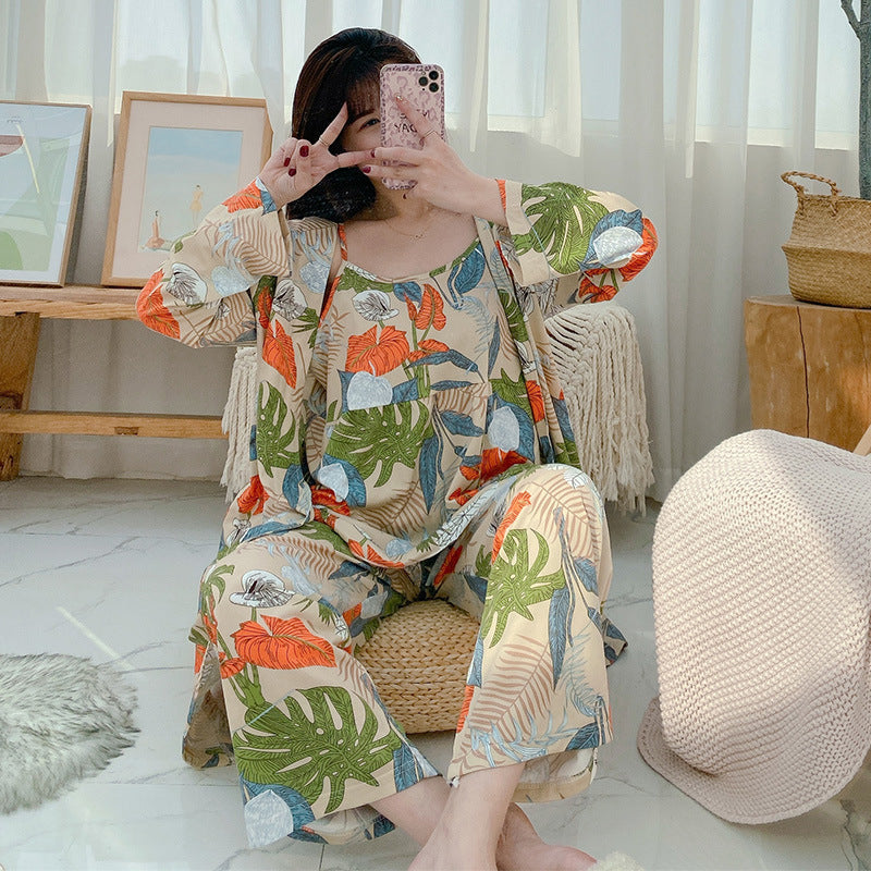 Women's Three Piece Relaxed Pajama Set Polyester Floral
