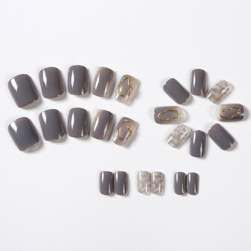 Autumn And Winter Ice Transparent Gray Gold Coil Square Short Nail Tip