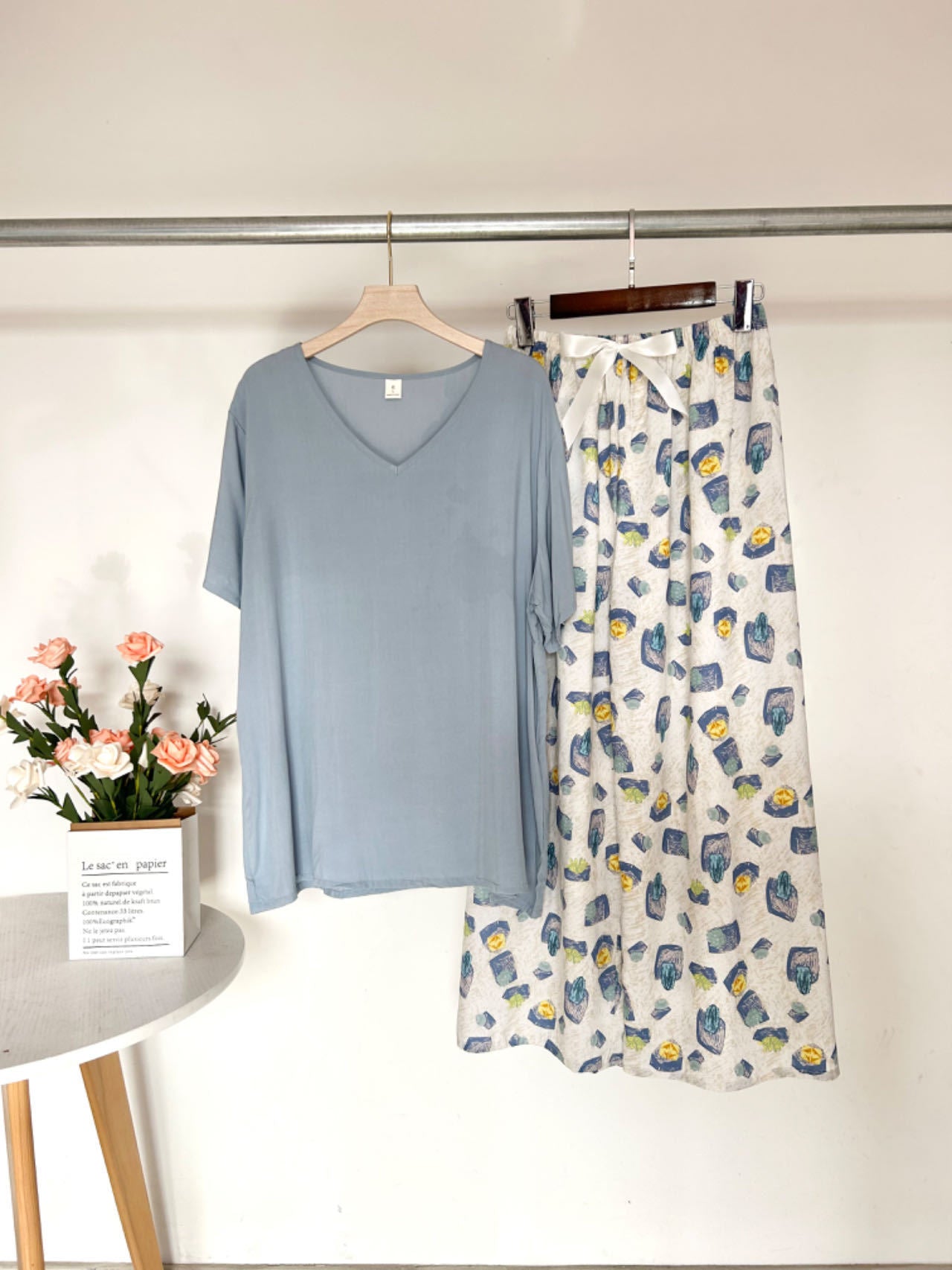 Summer Artificial Cotton Thin Short Sleeve Pants Loungewear Suit