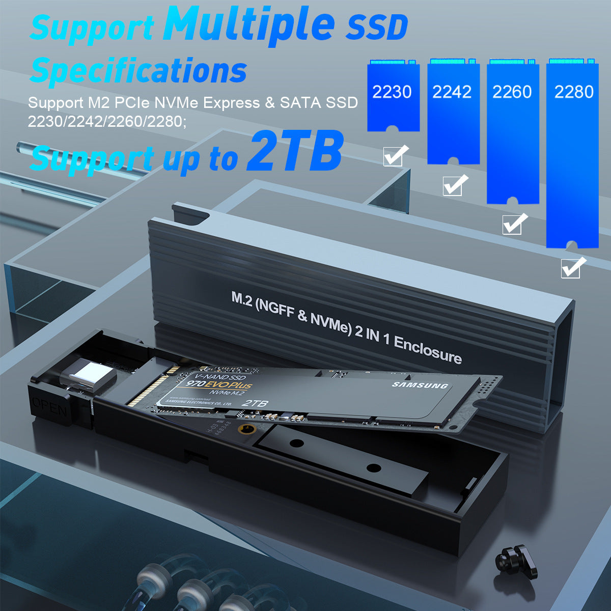 10Gbps Dual-Protocol M.2 SSD Enclosure – USB-C, NVMe/SATA, Tool-Free (2230–2280)