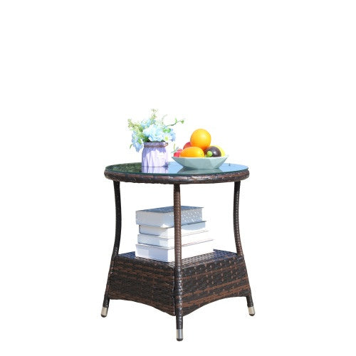 Brown Rattan Outdoor Patio Round Coffee Table with Clear Tempered Glass Top